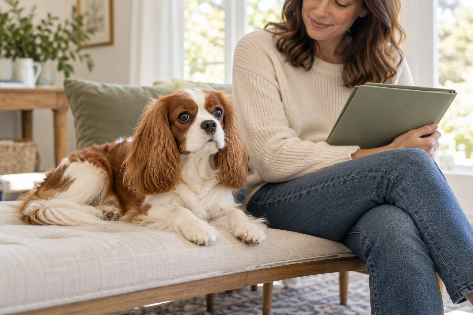 Spaniel resting on a sofa beside an owner holding a tablet